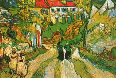 Vincent Van Gogh Village Street and Steps in Auvers with Figures